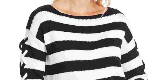 CeCe Women's Striped Long Sleeve Boat Neck Sweater Black Size X-Small