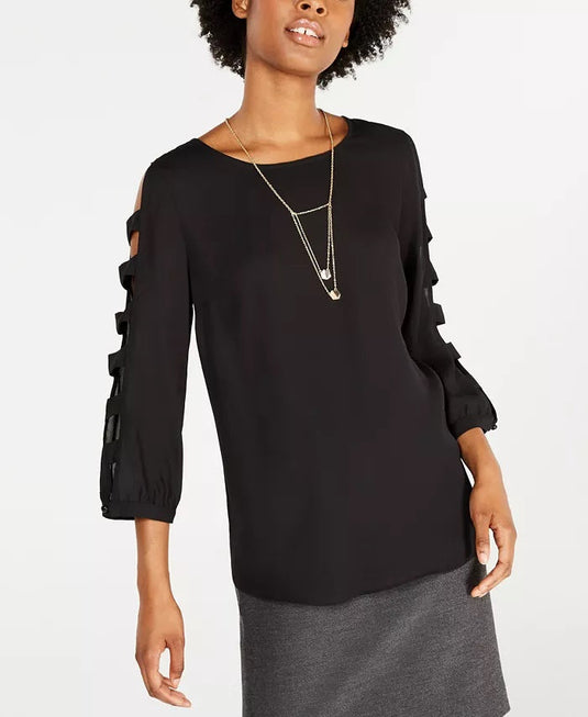 BCX Juniors' Lattice Long-Sleeved Blouse With Necklace Black Size Small