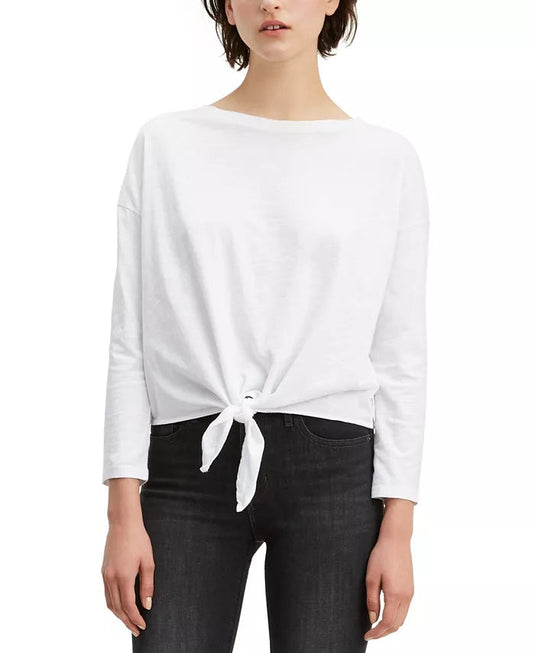 Levi's Women's Tie Front Long Sleeve Cotton T-Shirt White Size Small