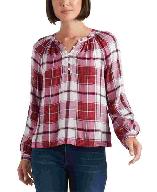 Lucky Brand Women's Jessica Plaid Popover Top Pink Size Small