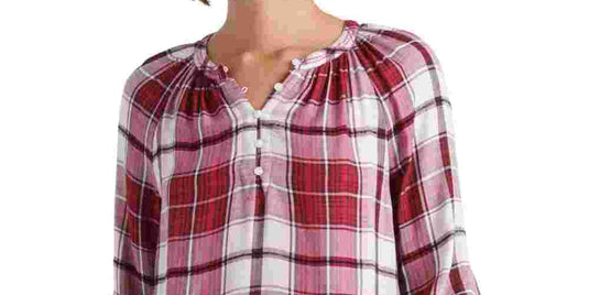 Lucky Brand Women's Jessica Plaid Popover Top Pink Size Small