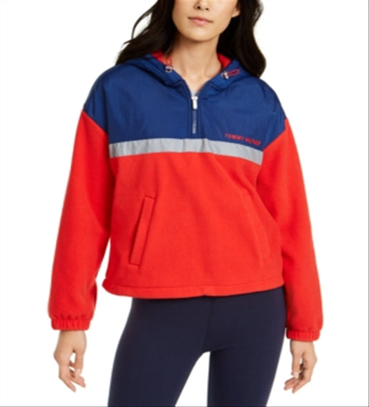 Tommy Hilfiger Women's Pocketed Color Block Long Sleeve Zip Neck Hoodie Top Red Size X-Large