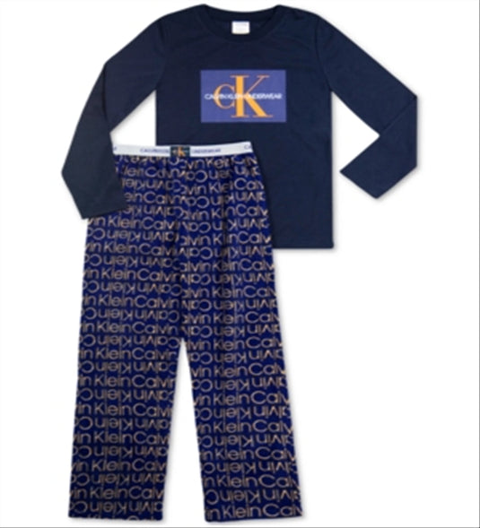 Calvin Klein Big Boy's 2 Pc Logo Fleece Pajamas Set Blue Size S