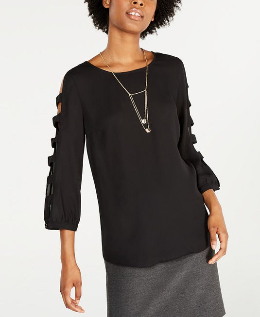 BCX Junior's Lattice Long Sleeved Blouse With Necklace Black Size -XS