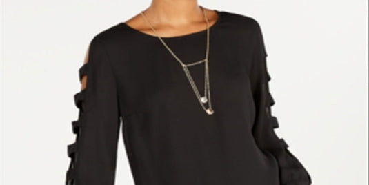 BCX Junior's Lattice Long Sleeved Blouse With Necklace Black Size -XS