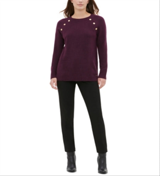 Calvin Klein Women's Ribbed Knit Button Embellishments Crewneck Sweater Purple Size Small