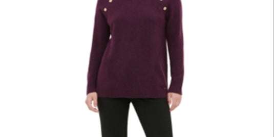 Calvin Klein Women's Ribbed Knit Button Embellishments Crewneck Sweater Purple Size Small