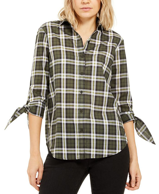 Michael Kors Women's Cotton Plaid Tie Sleeve Shirt Green Size XX-Small