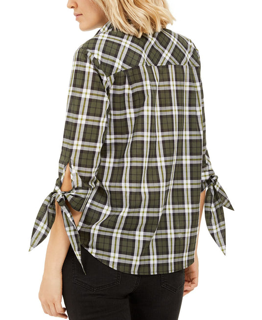 Michael Kors Women's Cotton Plaid Tie Sleeve Shirt Green Size XX-Small