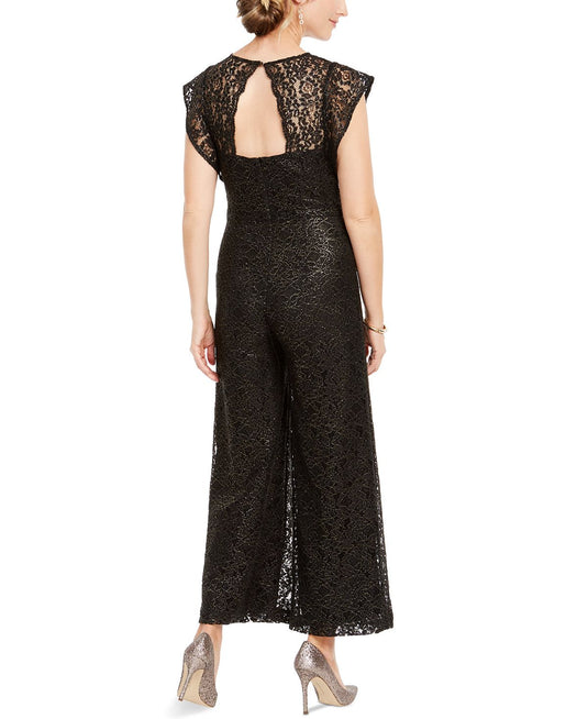 Donna Ricco Women's Lace Floral Short Sleeve Illusion Neckline Jumpsuit Black Size 10