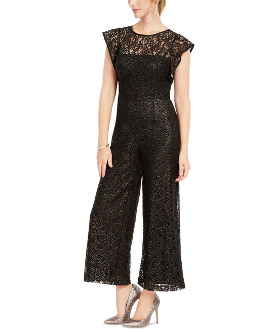 Donna Ricco Women's Lace Floral Short Sleeve Illusion Neckline Jumpsuit Black Size 10