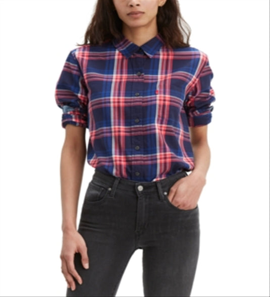 Levi's Women's Ultimate Cotton Plaid Button Back Shirt Blue Size XX-Large