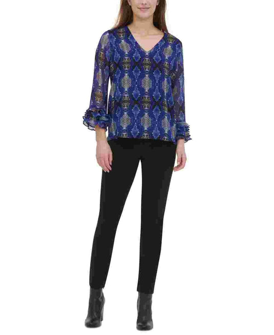 Calvin Klein Women's Ruffled Printed Long Sleeve v Neck Top Blue Size X-Small