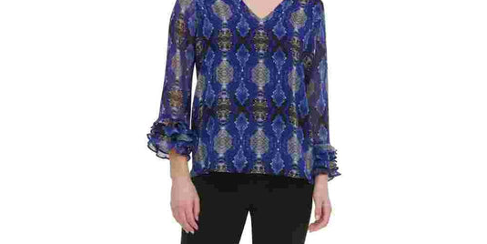 Calvin Klein Women's Ruffled Printed Long Sleeve v Neck Top Blue Size X-Small