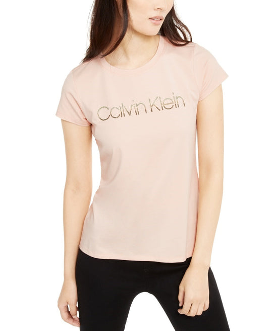 Calvin Klein Women's Studded-Logo T-Shirt Pink Size Extra Small