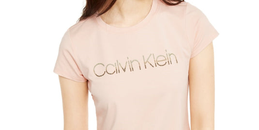 Calvin Klein Women's Studded-Logo T-Shirt Pink Size Extra Small