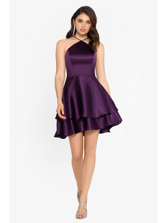 Blondie Nites Women's Ruffled Zippered Sleeveless Halter Short Fit Flare Party Dress Purple Size 11