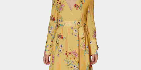 Avec Les Filles Women's Long Sleeve v Neck Mini Trapeze Dress Yellow Size 4