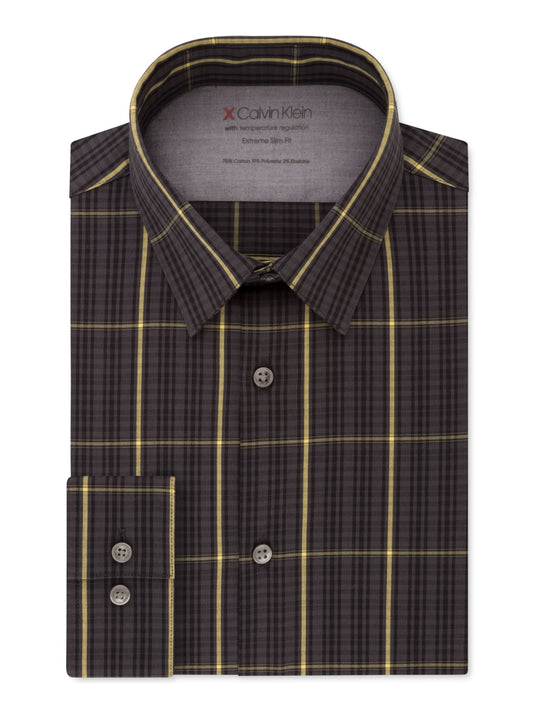 Calvin Klein Men's Plaid Slim Fit Button Down Shirt Yellow -Black Size L