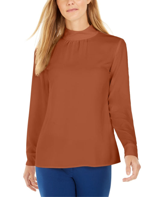 Calvin Klein Women's Mock Neck Long Sleeve Top Brown Size Medium