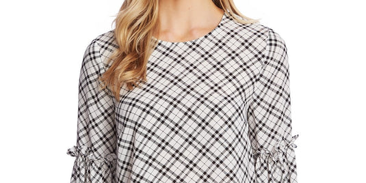 CeCe Women's Elegant Plaid Puffed Sleeve Blouse White Size Small