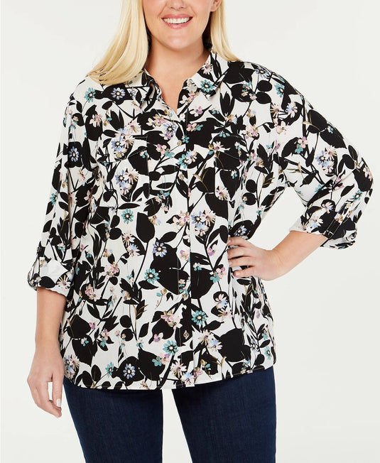 Tommy Hilfiger Women's Plus Floral Print Utility Shirt White Size 0X