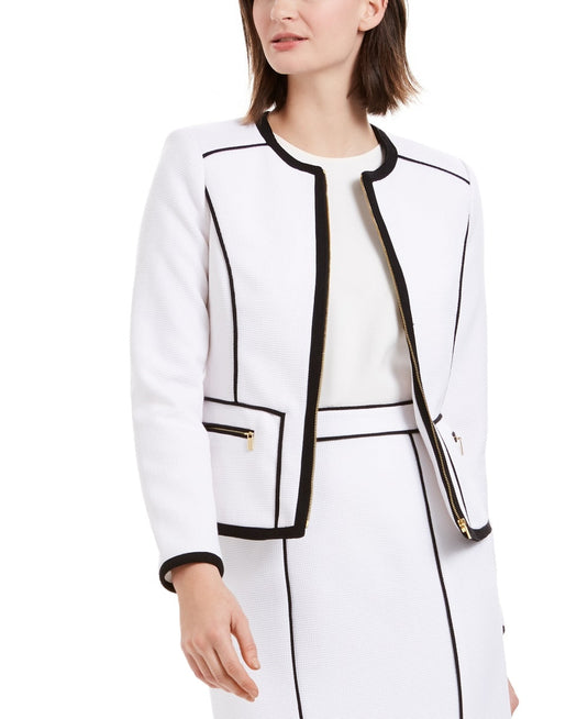 Calvin Klein Women's Contrast Piping Zip Up Blazer White Size 2