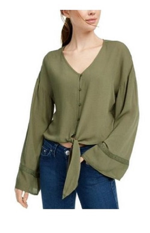 Freshman Juniors' Flare-Sleeved Tie-Waist Blouse Green Size Large