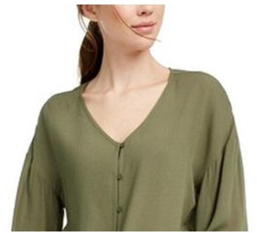 Freshman Juniors' Flare-Sleeved Tie-Waist Blouse Green Size Large