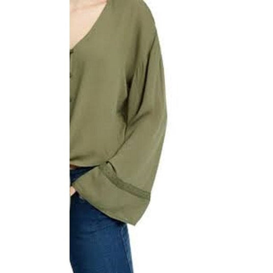 Freshman Juniors' Flare-Sleeved Tie-Waist Blouse Green Size Large