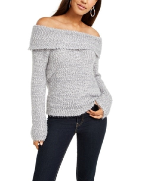 Freshman Juniors' Off-the-Shoulder Fuzzy Sweater Dark Gray Size Medium