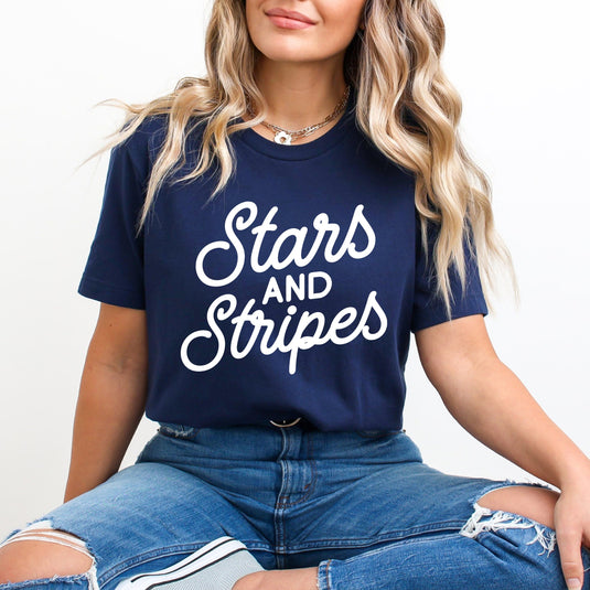 Stars and Stripes Slanted Cursive Puff Print | Short Sleeve Graphic Tee