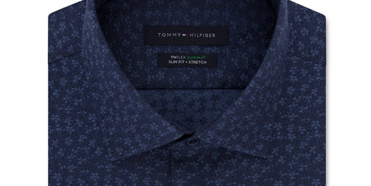 Tommy Hilfiger Men's THFlex Performance Stretch Floral Print Supima Cotton Dress Shirt Blue Size 17X34-35