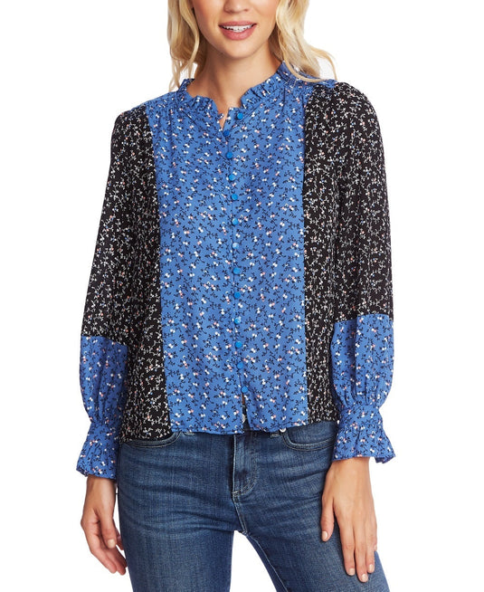 CeCe Women's Budding Floral Colorblock Long Sleeve Top Blue Size Small