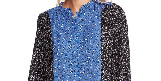 CeCe Women's Budding Floral Colorblock Long Sleeve Top Blue Size Small