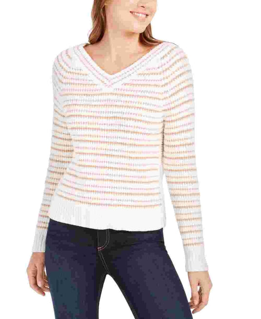 Calvin Klein Women's Striped Long Sleeve v Neck Sweater White Size X-Small