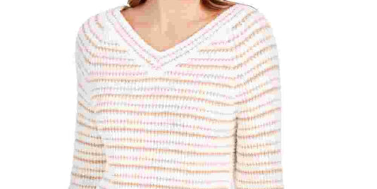 Calvin Klein Women's Striped Long Sleeve v Neck Sweater White Size X-Small