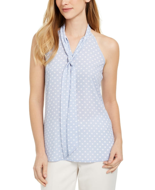 Calvin Klein Women's X Fit Slim Fit Dot Print Tie Neck Top Blue Size Small