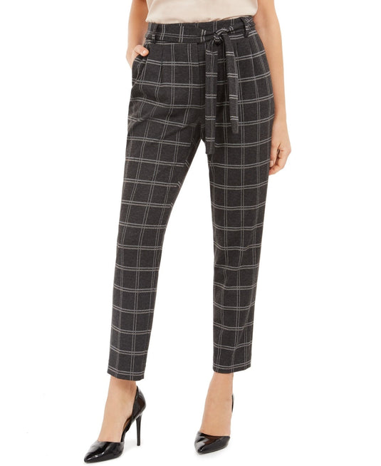 Calvin Klein Women's Plaid Tie-Waist Slim Fit Pants Gray Size 14