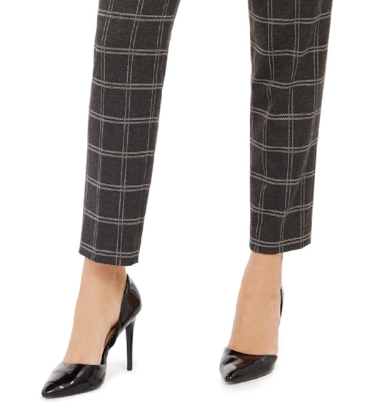 Calvin Klein Women's Plaid Tie-Waist Slim Fit Pants Gray Size 14