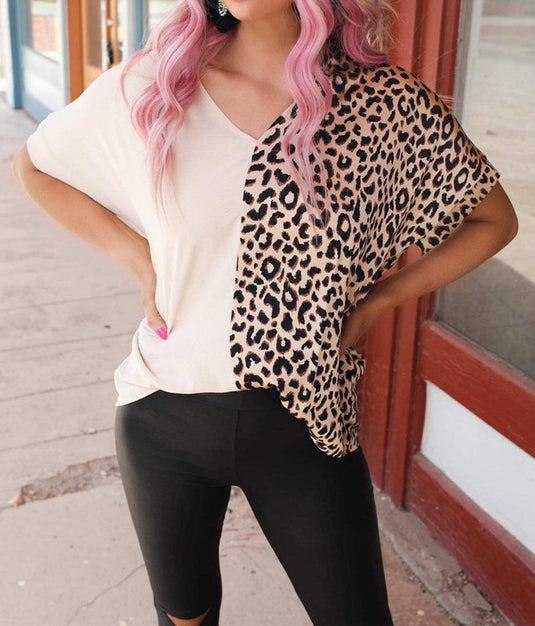 Contrast Leopard Colorblock v Neck Top