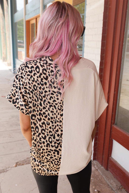 Contrast Leopard Colorblock v Neck Top