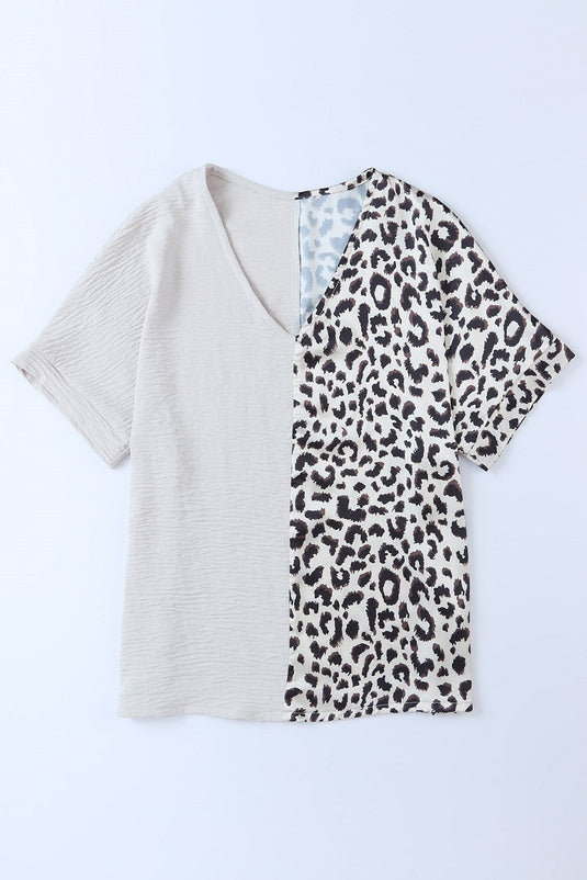 Contrast Leopard Colorblock v Neck Top