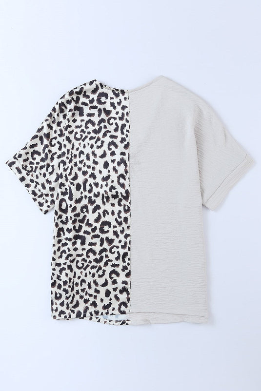 Contrast Leopard Colorblock v Neck Top