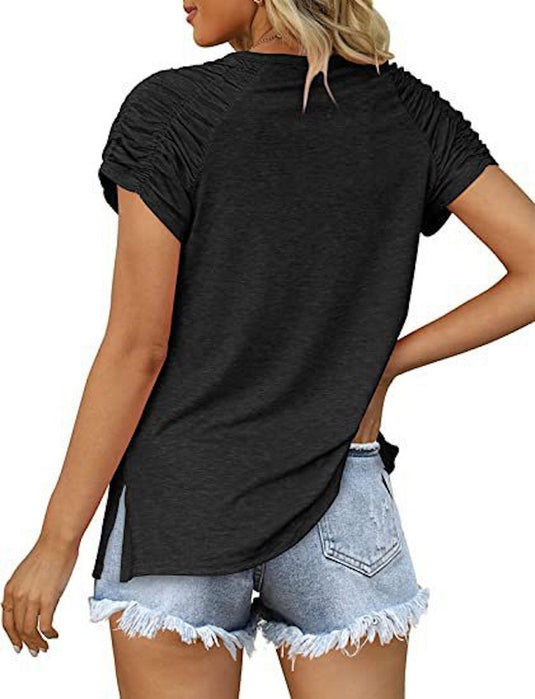 Gathered Shoulder Split v Neck Top