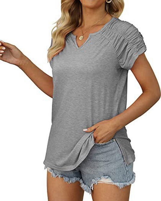 Gathered Shoulder Split v Neck Top