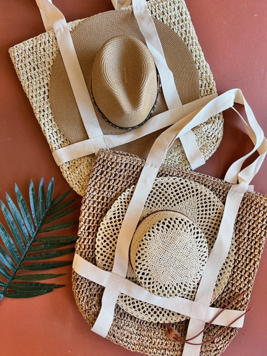 Hat Carrying Tote Bag | Large Neutral Beach Towel Travel Tote | Built in Straps for Carrying Hat