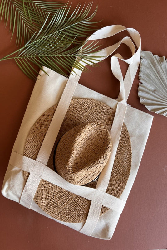Hat Carrying Tote Bag | Large Neutral Beach Towel Travel Tote | Built in Straps for Carrying Hat