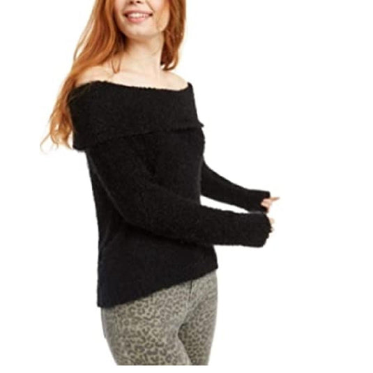 Freshman Juniors' Off-the-Shoulder Fuzzy Sweater Jet Black Size Medium