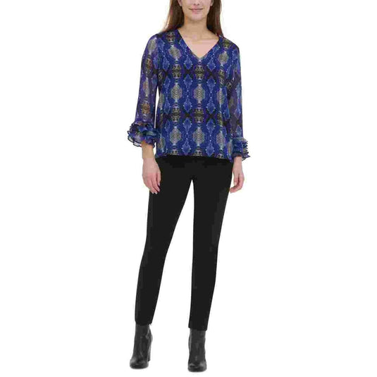 Calvin Klein Women's Ruffled Printed Long Sleeve v Neck Top Blue Size X-Small